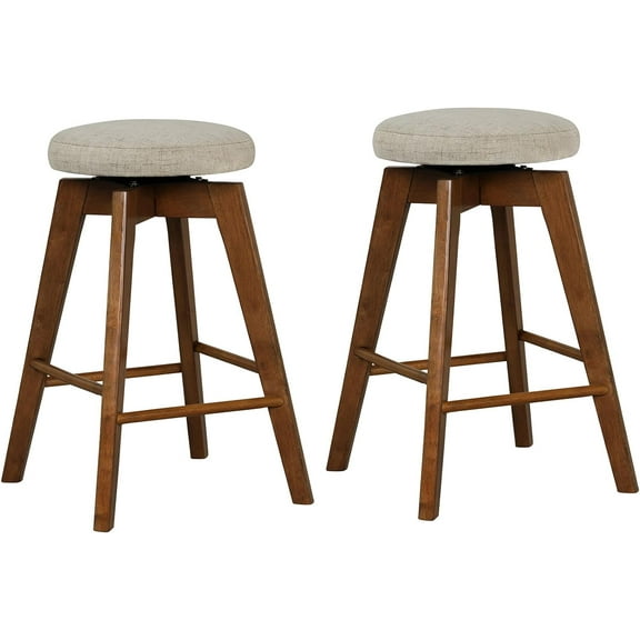Yunwen Bar Stools Set of 2, 26-inch Counter Height Swivel Bar Chairs w/Rubber Wood Legs, Linen Fabric Seat & Extra Footrest, Modern Backless Barstools for Kitchen, Pub, Dining, Beige + Brown