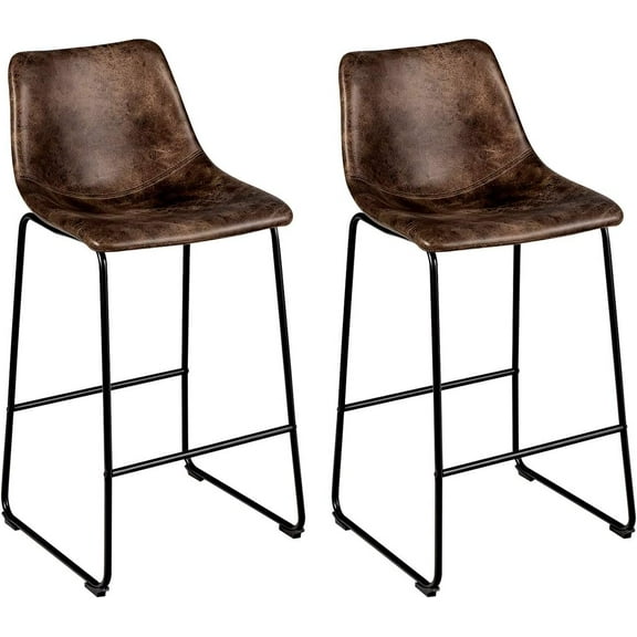 Yunwen Bar Stools Set of 2, Vintage Faux Leather Suede Chairs with Metal Legs, Back and Footrest, 30" Height Stools for Kitchen Island, Pub, Dining Room, Brown
