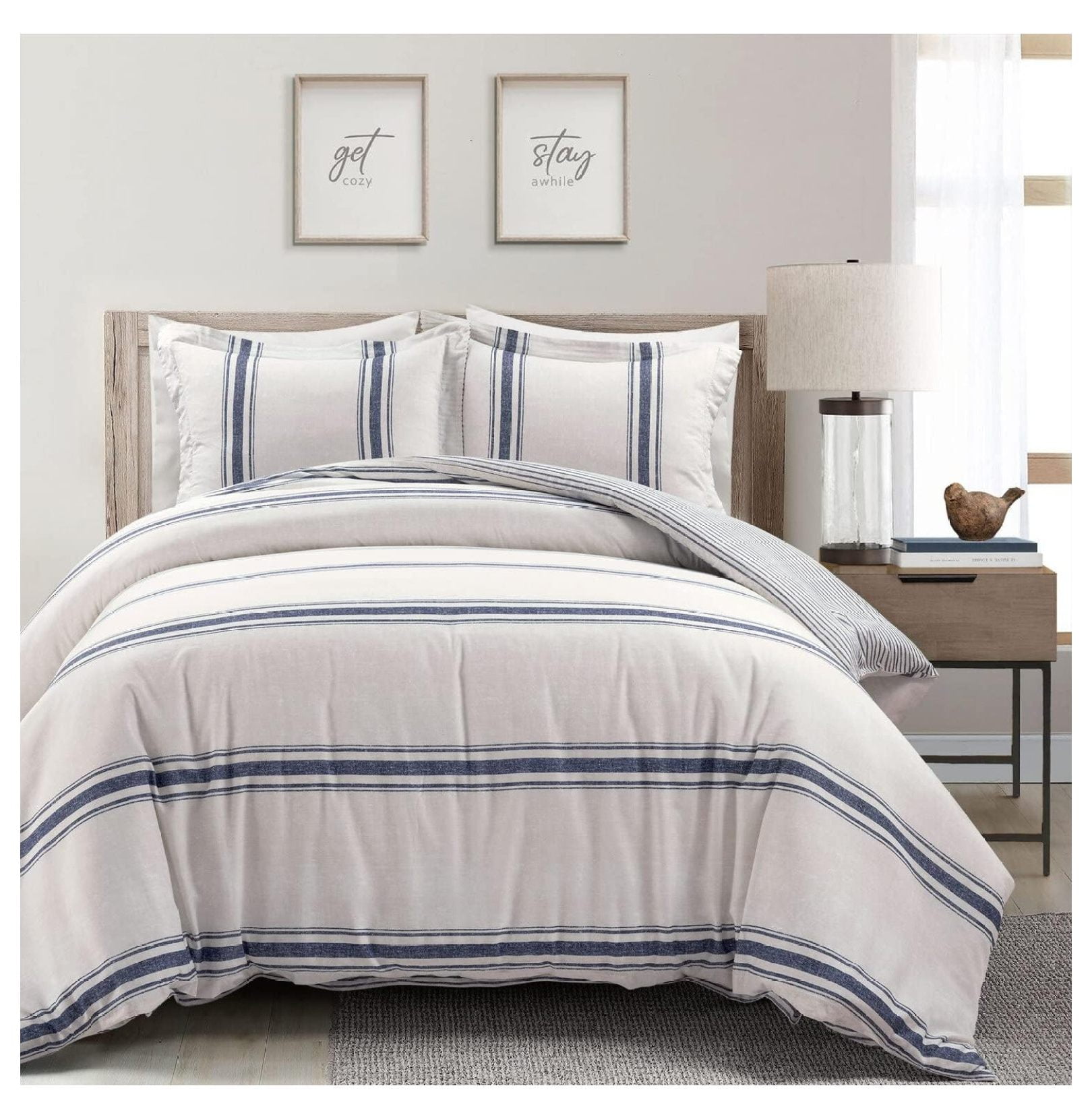 Navy Full/Queen Cotton Farmhouse Stripe Reversible Duvet Cover Set