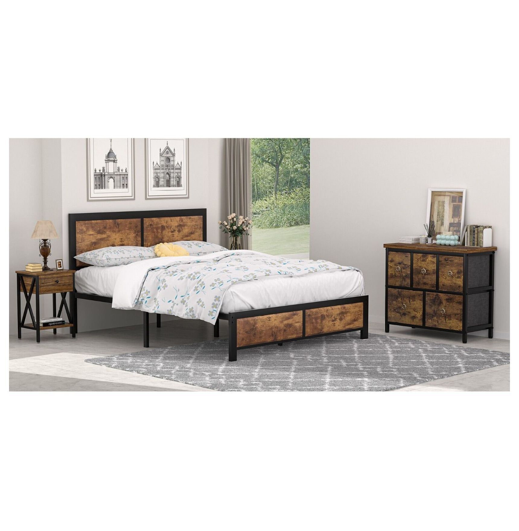 Yunwen Modern Wooden Bedroom Furniture Sets with Bed Frames 5Drawer