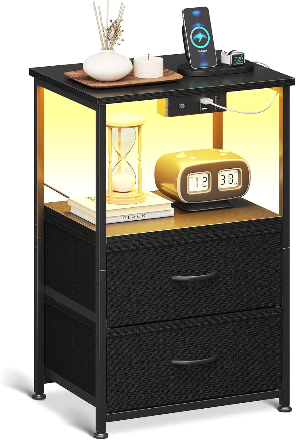 QPLZF Night Stand With Charging Station – 2-Drawer Bedside Table With LED Lights, USB/Type-C Outlets, Vintage Modern Design