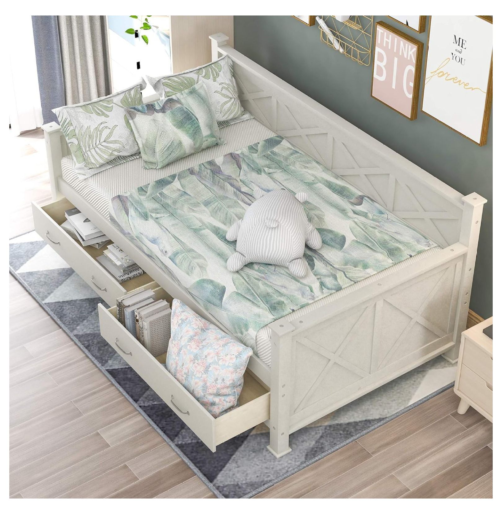 Yunwen Size Daybed with Storage Drawers, Wooden Daybed with X-shaped