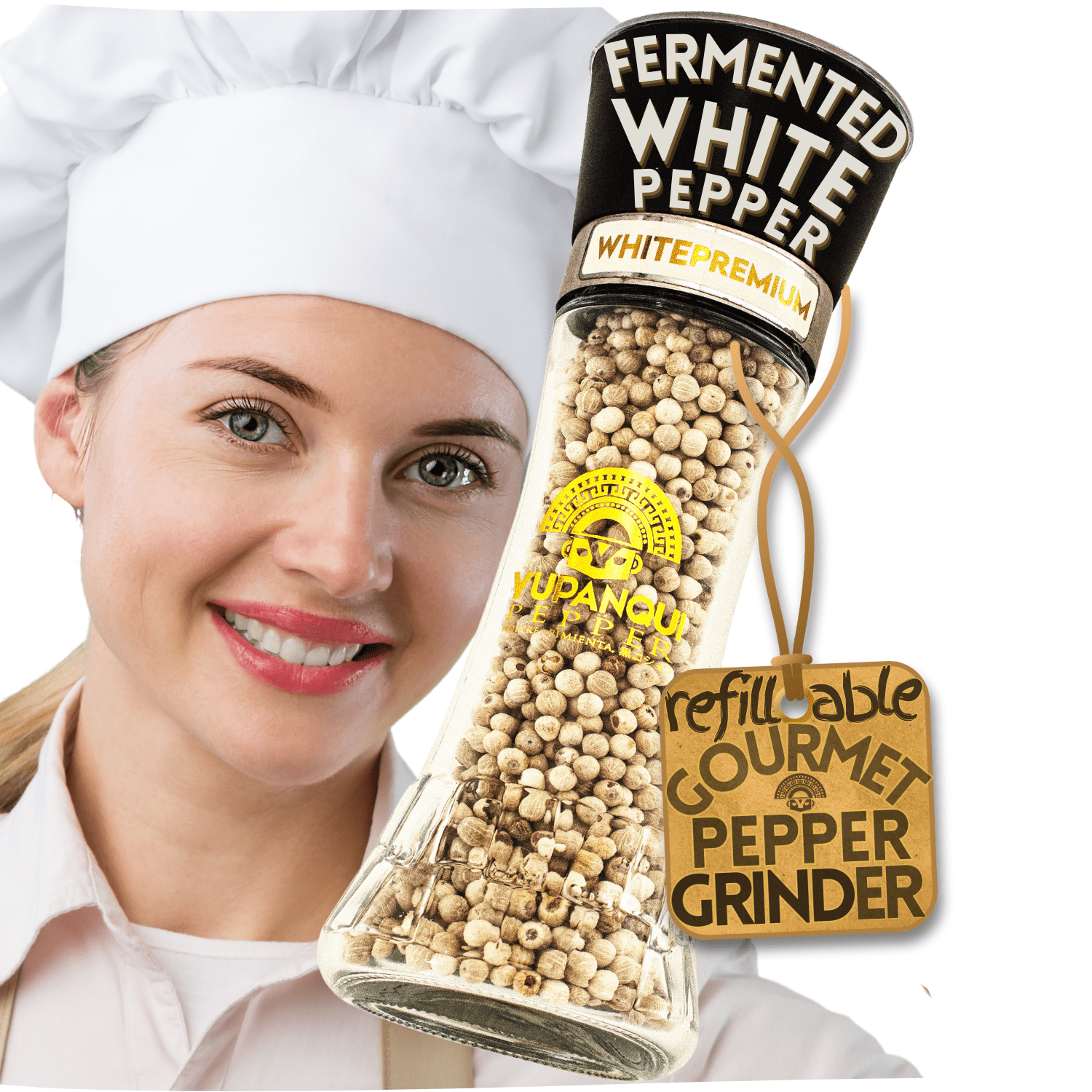 Yupanqui White Pepper Grinder 3oz Gourmet Flavor Vegan White Peppercorns for MEDITERRANEAN CUISINE
