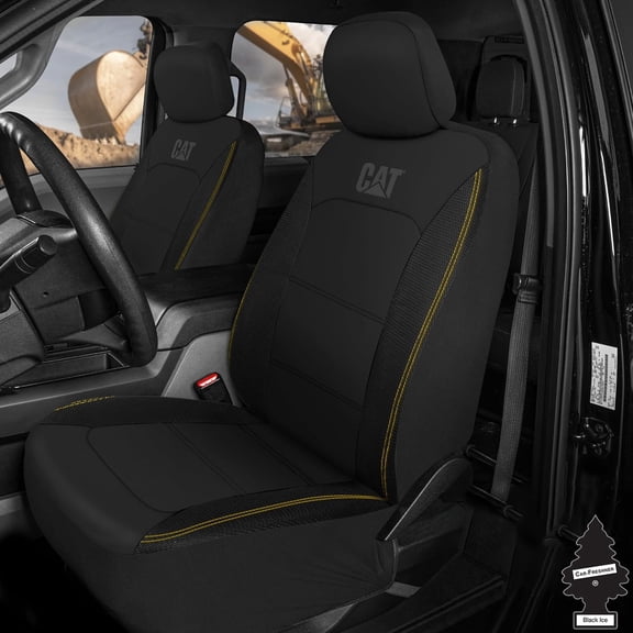 Yupbizauto Pair of Caterpillar Black Faux Leather Front Seat Covers for Cars & Trucks - Durable Automotive Seat Cover Set with Bonus Air Freshener - Stylish Protection for Your Vehicle's Interior