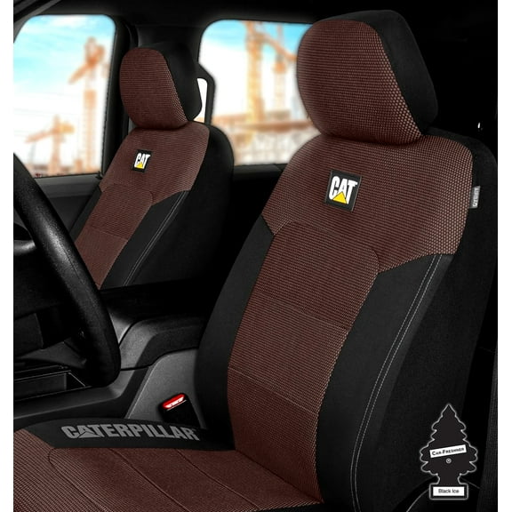 Yupbizauto Caterpillar Front Seat Covers for Cars & Trucks  Black & Dark Brown Automotive Seat Cover Set with Air Freshener Bundle