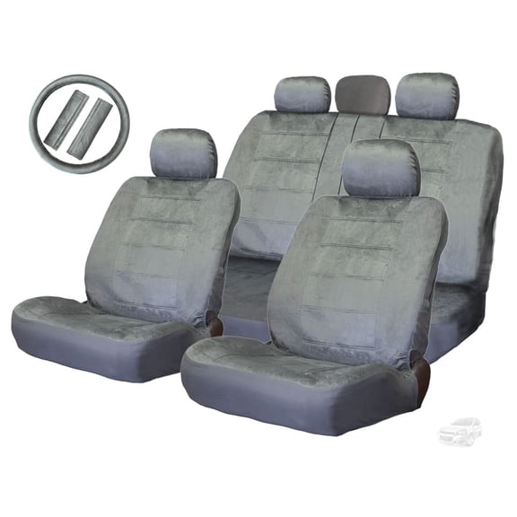 Yupbizauto Grey Velour Fabric Car Truck Seat Covers Steering Wheel Set Premium Grade Support Split Bench Seat Universal Size