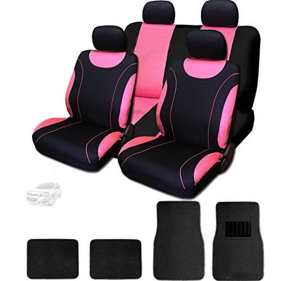 Yupbizauto New 12-Piece Flat Cloth Sleek Black & Pink Car Seat Covers Set with 4 Black Carpet Floor Mats Complete Set for Women