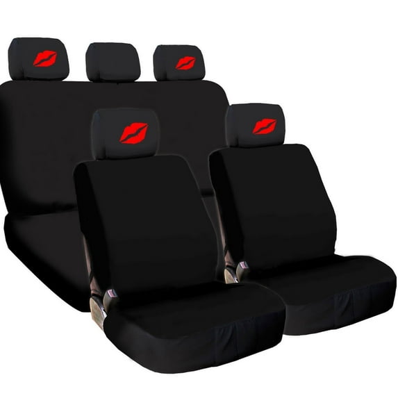 Yupbizauto New Black Flat Cloth Universal Fit Car Seat Covers with Embroidery Logo Headrest Covers Support 60/40 Split Seats (Hot Lips)