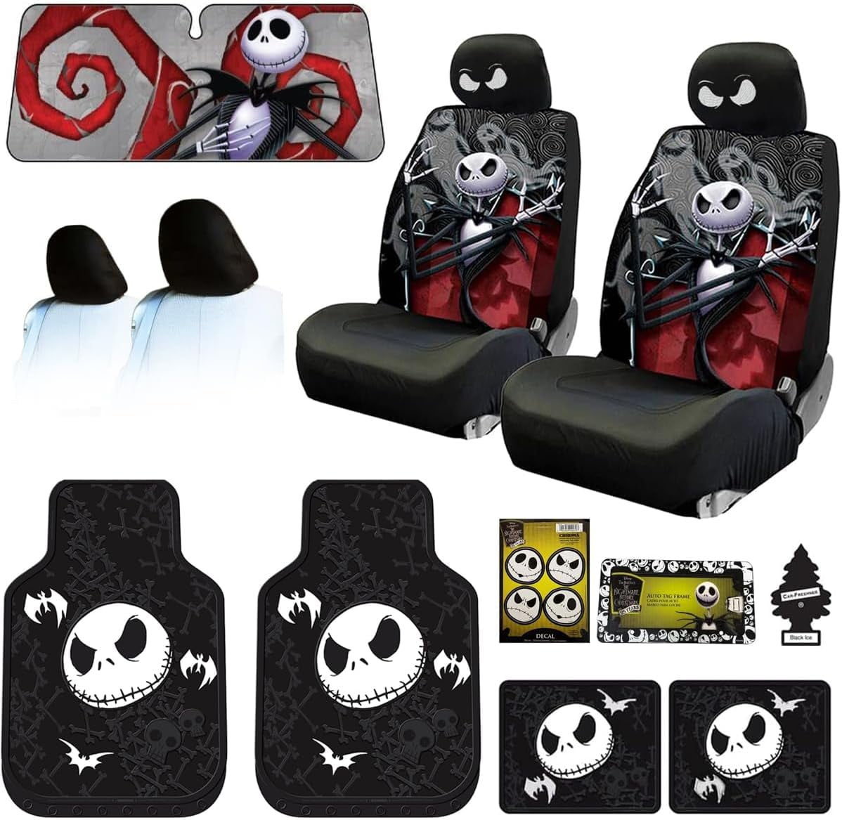 Jack Skellington Ghostly Car Seat Covers, Sunshade & Heavy Duty Floor Mats Bundle Nightmare Before Christmas SUV/Truck Accessories Yupbizauto Plasticolor Set