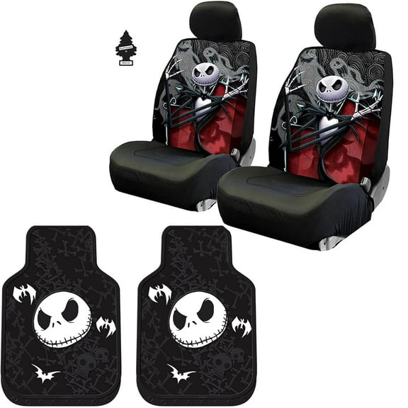 Yupbizauto Plasticolor Nightmare Before Christmas Jack Skellington Ghostly Car Truck SUV Seat Covers Heavy Duty Rubber Floor Mats Bundle Set