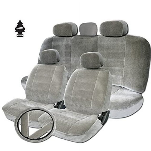 Yupbizauto Universal Fit Grey Velour Fabric Car Seat Covers Full Set for Auto, Truck, SUV, Van - Front & Rear Split Bench, Easy Install Interior Protector Bundle Set Style