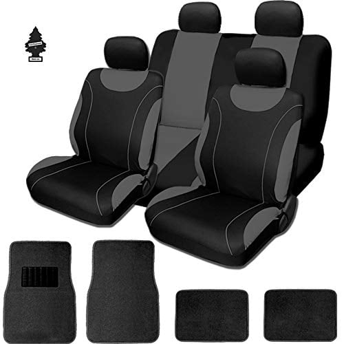 Yupbizauto Universal Size Flat Cloth Car Seat Covers Set with Carpet Floor Mats Full Set (Black/Grey)