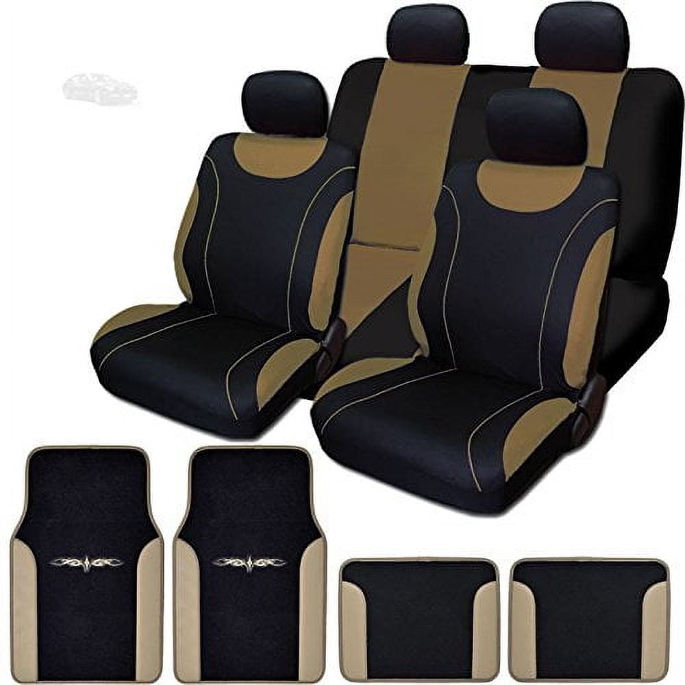 YupbizAuto Universal Car Seat Covers Set - 12 Piece Full Set With Floor Mats, Black/Tan, Fits Most Bucket Seats