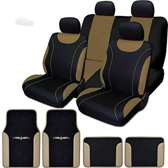 Yupbizauto Universal Szie 12 Pieces Flat Cloth Sleek Design Black and Tan Front and Rear Car Seat Covers Set with Vinyl Trim Floor Mats Full Set (Black/Tan)