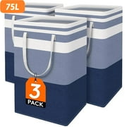 Yuphony 3Pack Laundry Basket Set Freestanding Waterproof Laundry Hamper 75L Collapsible Tall Clothes Hamper with Easy Carry Handles Blue