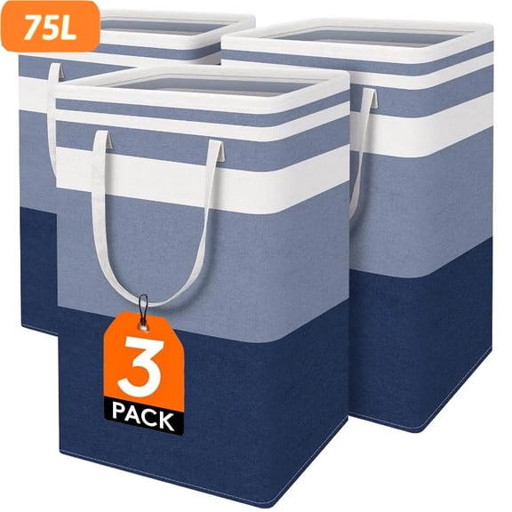 Yuphony 3Pack Laundry Basket Set Freestanding Waterproof Laundry Hamper 75L Collapsible Tall Clothes Hamper with Easy Carry Handles Blue