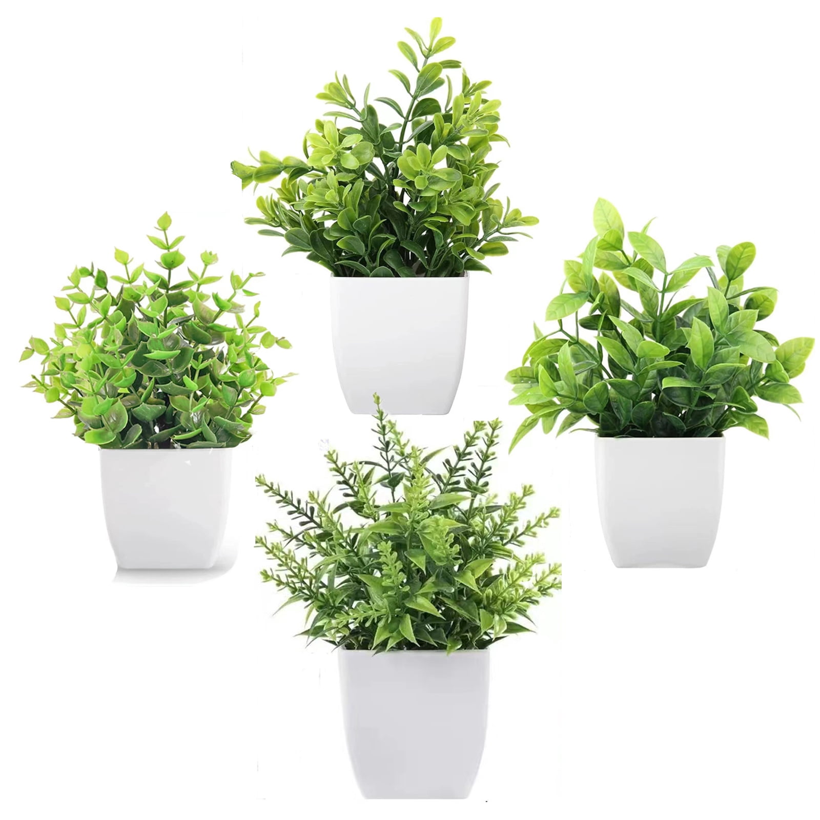 Yuphony 4Packs Fake Plant Mini Artificial Green Plant Simulation lavender Eucalyptus Potted Plant in White Pot for Office Bedroom Bathroom Living Home Room Decoration