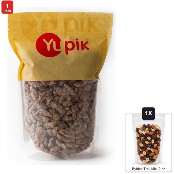Yupik Maple Syrup Pecans, 1 Bag, 1.1 lb, with Bybies Trail Mix, 2 oz