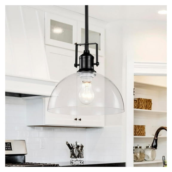 YuraZH 1-Light Kitchen Pendant Light with Handblown Clear Glass Shade, Adjustable Rods Farmhouse Ceiling Lighting Fixture for Kitchen Island, Sink, Matte Black Finish, 10 in.