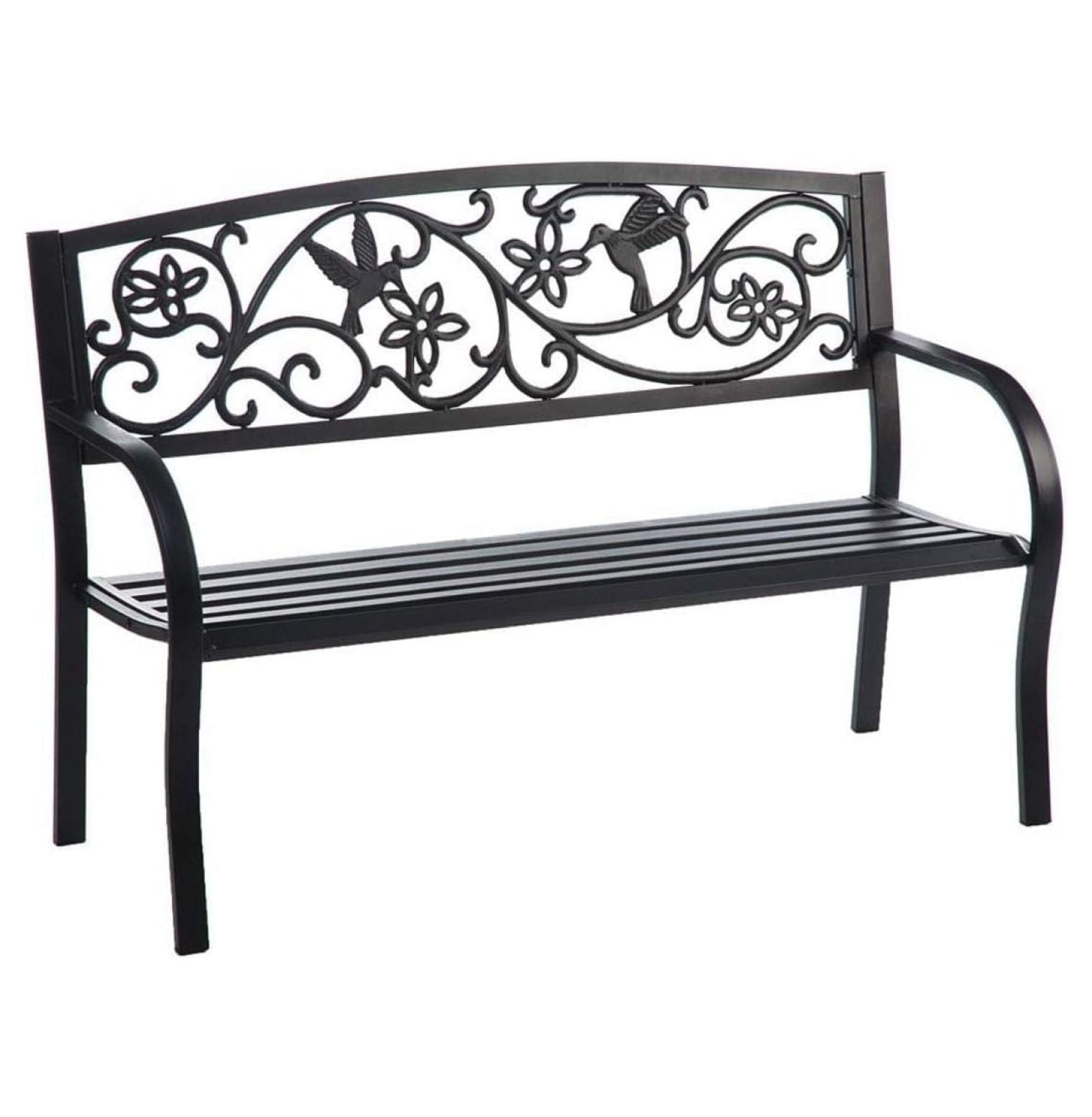 48.2" Black Cast-Iron and Steel Hummingbird Garden Bench