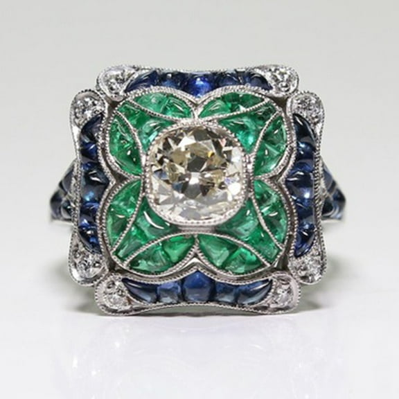 Yuren 925 Sterling Silver Vintage Emerald Ring Blue Sapphire White Topaz Ring Women Wedding Fashion Jewelry Size