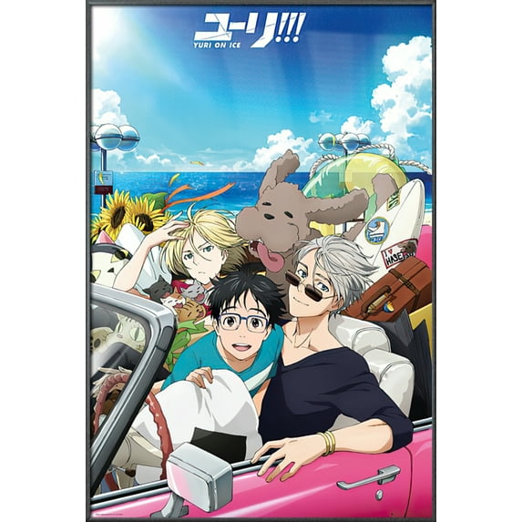 Yuri On Ice - Framed Manga / Anime TV Show Poster (The Cast In Car) (Size: 25" X 37") (Metallic Anthracite Plastic Frame)