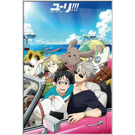 Yuri On Ice - Framed Manga / Anime TV Show Poster (The Cast In Car) (Size: 25" X 37") (Shiny White Aluminum Frame)