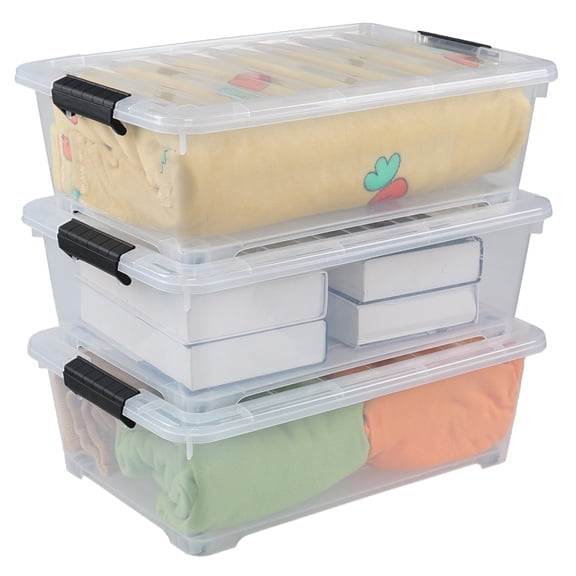 Yuright 20 L Clear Underbed Storage Container with Wheels, 3-Pack Plastic Under Bed Latching Storage Boxes