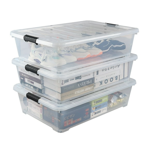 Yuright 50 L Plastic Under Bed Storage Box Container, Large Clear Underbed Storage Boxes with Wheels, 3-Pack