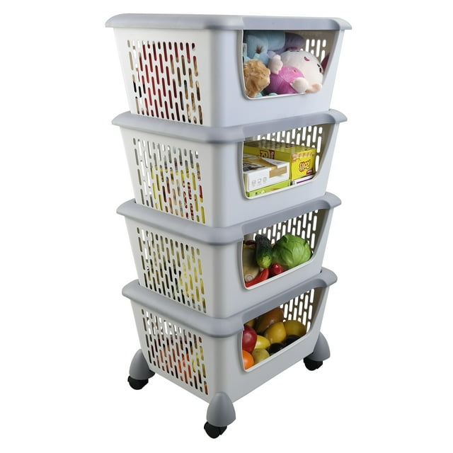 Yuright Plastic Stackable Storage Baskets, 4-Pack Laundry Basket Bin