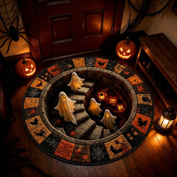 Yurizama 3D Skeleton Vortex Quilted Round Rug, Spooky Optical Illusion Area Mat for Living Room, Non-Slip Soft Door Mat
