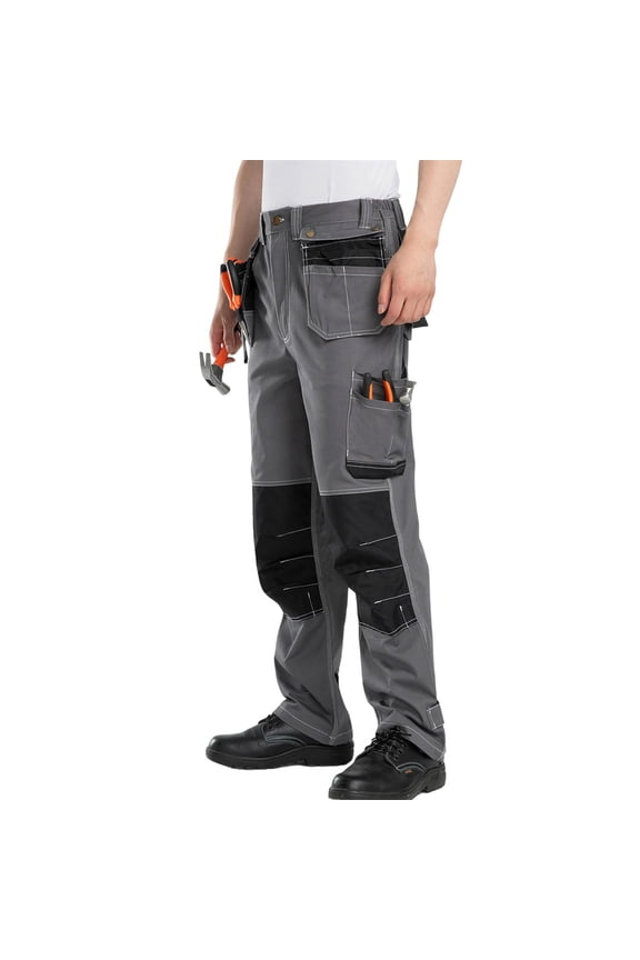 Men's 100% Cotton Cargo Work Pants Fly Pocket Detachable Wear-Resistant Solid Color Multi-Pocket Trousers