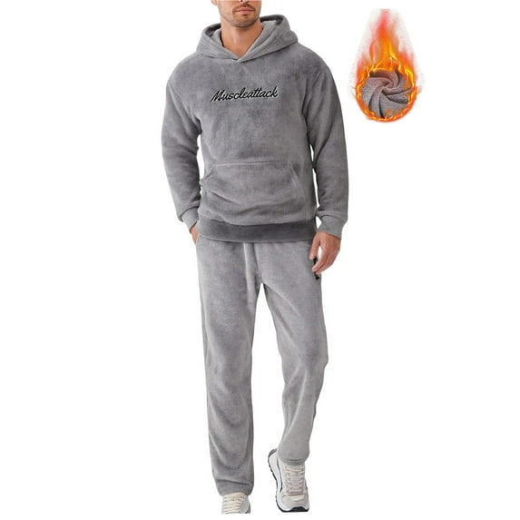 Yusimy Men's 2-Piece Fuzzy Hoodie Set Thickened Embroidered Letter Hooded Long Sleeve Casual Loungewear Cargo Pants