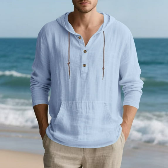 Yusimy Men's Casual Beach Long Sleeve Hoodie - Pullover Style, Drawstring Hood, Half-Button Henley & Functional Pockets