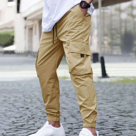 Yusimy Men's Casual Cargo Pants Drawstring Waist Solid Color Workwear Style Fashionable Versatile Breathable Loose Fit Outdoor Style