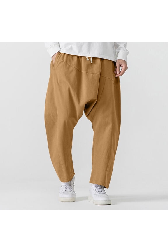 Men's Casual Drop-Crotch Pants Elastic Waist with Drawstring Solid Color Loose-Fit Streetwear Style Functional Trousers with Pockets