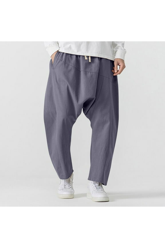 Men's Casual Drop-Crotch Pants Elastic Waist with Drawstring Solid Color Loose-Fit Streetwear Style Functional Trousers with Pockets
