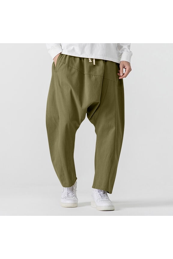 Men's Casual Drop-Crotch Pants Elastic Waist with Drawstring Solid Color Loose-Fit Streetwear Style Functional Trousers with Pockets
