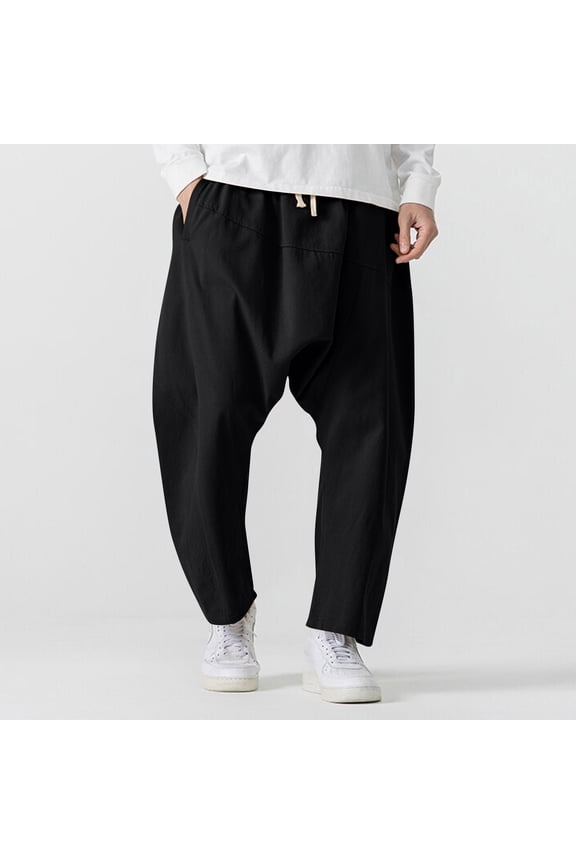 Men's Casual Drop-Crotch Pants Elastic Waist with Drawstring Solid Color Loose-Fit Streetwear Style Functional Trousers with Pockets