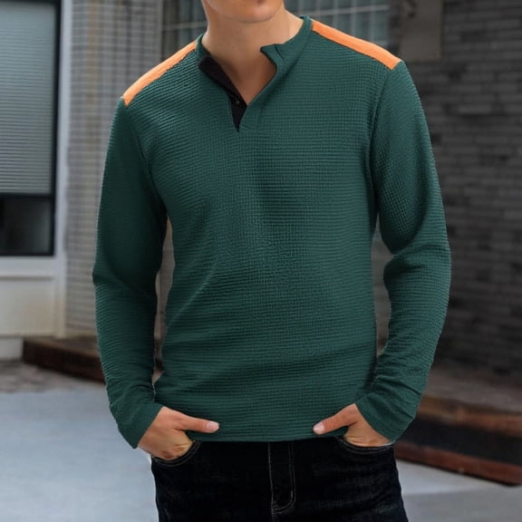 Yusimy Men's Casual Fashion Solid Crewneck Waffle Knit Button Color-Block Top - Long Sleeve, Textured Fabric, Casual Basic Style for Daily Wear & Layering