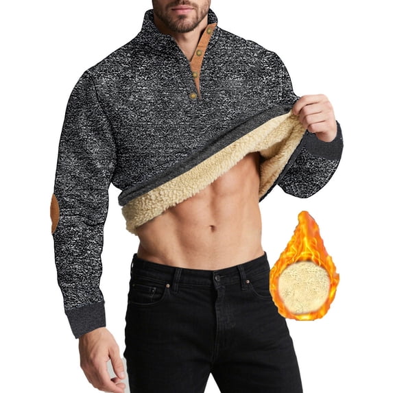 Yusimy Men's Casual Fashion Solid Stand-Up Collar Thickened Lamb Fleece Button Top - Extra Warm Plush Fabric Button Detail Casual Cozy Style for Cold Weather