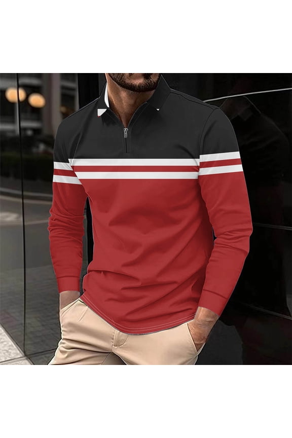 Men's Casual Loose Long Sleeve Zip-Up Striped Printed Polo Shirt - Spread Collar Relaxed Fit Classic Pattern Casual Fashion Style for Daily Weekend