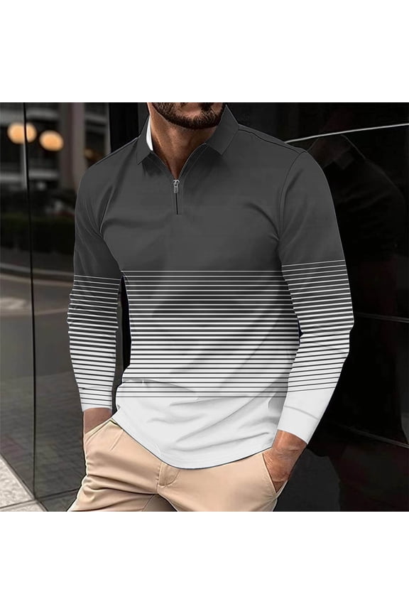 Men's Casual Loose Long Sleeve Zip-Up Striped Printed Polo Shirt - Spread Collar Relaxed Fit Classic Pattern Casual Fashion Style for Daily Weekend