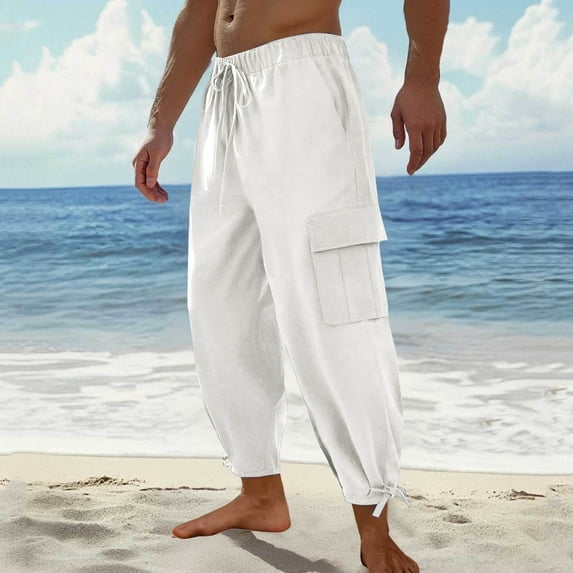 Yusimy Men's Casual Pants Cotton-Blend Solid Color Loose-Fit Drawstring Elastic Waist Relaxed Trousers with Large Pockets Breathable Comfort