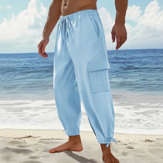 Yusimy Men's Casual Pants Cotton-Blend Solid Color Loose-Fit Drawstring Elastic Waist Relaxed Trousers with Large Pockets Breathable Comfort