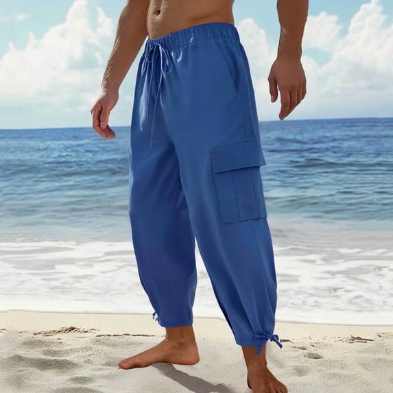 Yusimy Men's Casual Pants Cotton-Blend Solid Color Loose-Fit Drawstring Elastic Waist Relaxed Trousers with Large Pockets Breathable Comfort