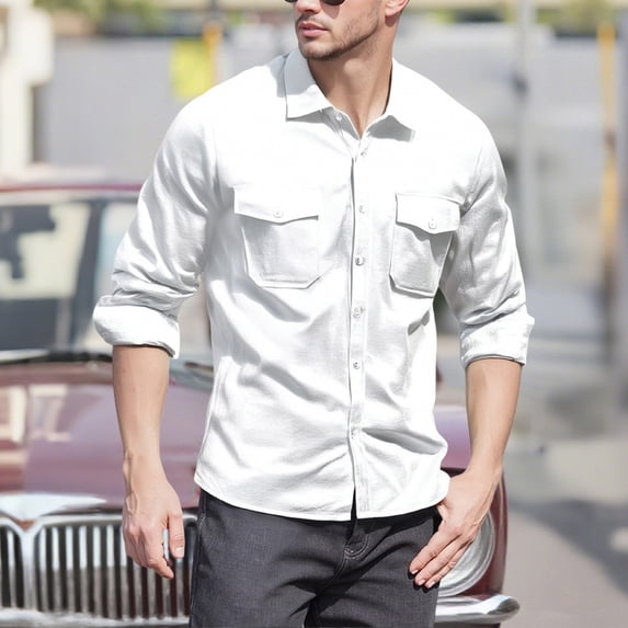 Yusimy Men's Casual Relaxed Long Sleeve Linen Shirt - Solid Color, Button Front with Side Pockets Lightweight Breathable Fabric, Spring Summer Daily Wear & Beach Vacation Outfit