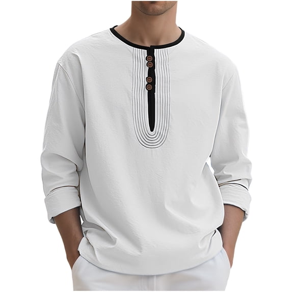 Yusimy Men's Casual Shirt Solid Color Breathable Loose Fit Button-Down Round Neck Linen Long Sleeve Top Casual Stylish