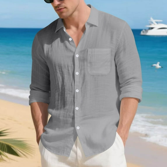 Yusimy Men's Casual Shirt Solid Color Turn-Down Collar Button Closure Pocket Long Sleeve Relaxed Fit