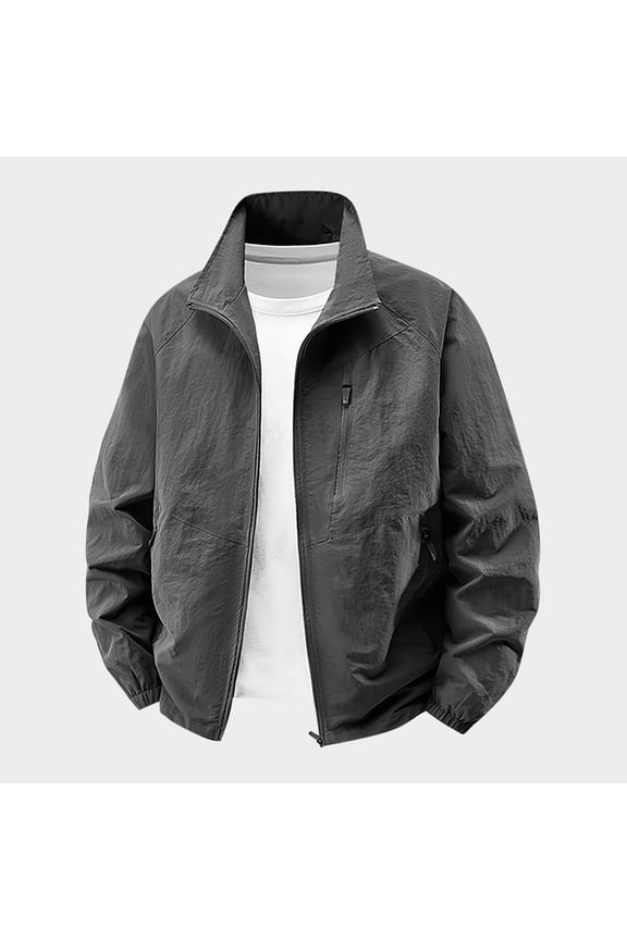 Men's Casual Solid Color Lightweight Zip-Up Jacket Multiple Pockets Long Sleeve No Hood Utility Outerwear